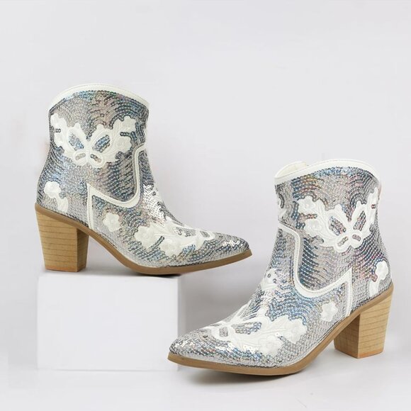 JABASIC Women White Western Cowboy Ankle Boots Low Cowgirl with Zipper - Picture 7 of 7